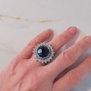 Vintage Avon Black Faceted Statement Antique SilverTone Ring Gothic Halo NIB R7